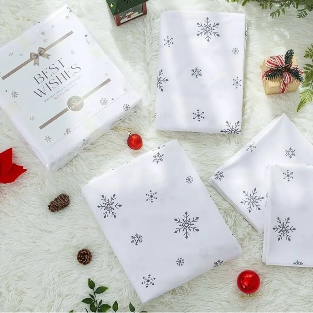 COTTEBED All Season Gray Snowflakes on White, 4-piece Bedding Set, Size Full
